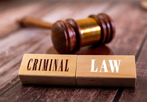 Wooden blocks spell out Criminal Law beside a gavel