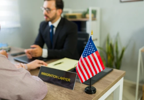 Immigration lawyer discussing a case with a client in an office